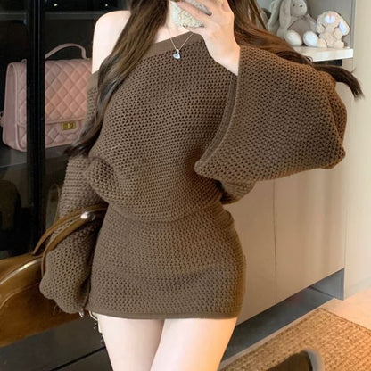Off-Shoulder Solid Pointelle Knit Top / High Rise Mini Pencil Skirt Set