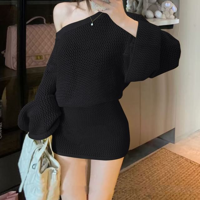 Off-Shoulder Solid Pointelle Knit Top / High Rise Mini Pencil Skirt Set