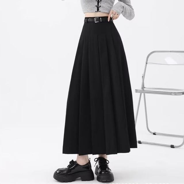 High Rise Solid Pleated Midi A-Line Skirt + Belt Set