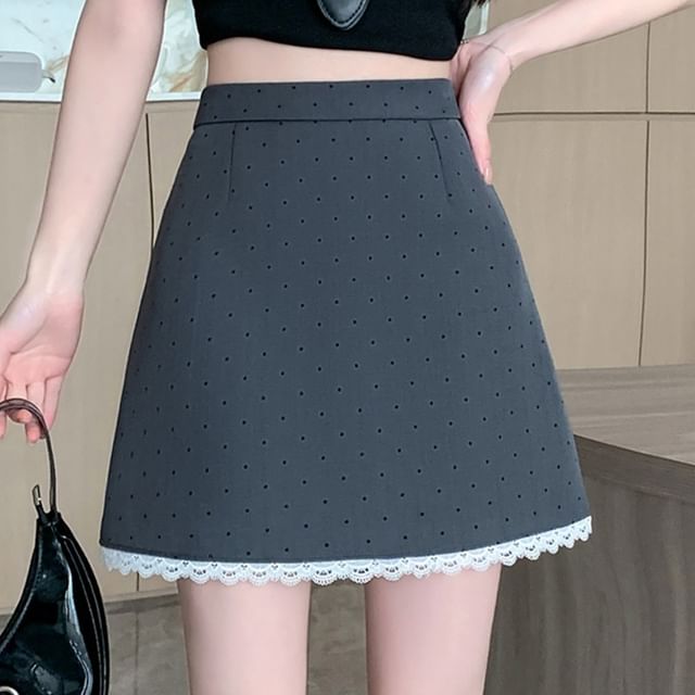 High Rise Dotted Lace Trim Mini A-Line Skirt
