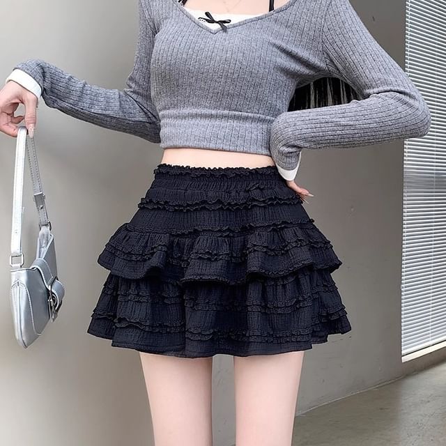High Rise Solid Ruffle Frill Mini A-Line Skirt