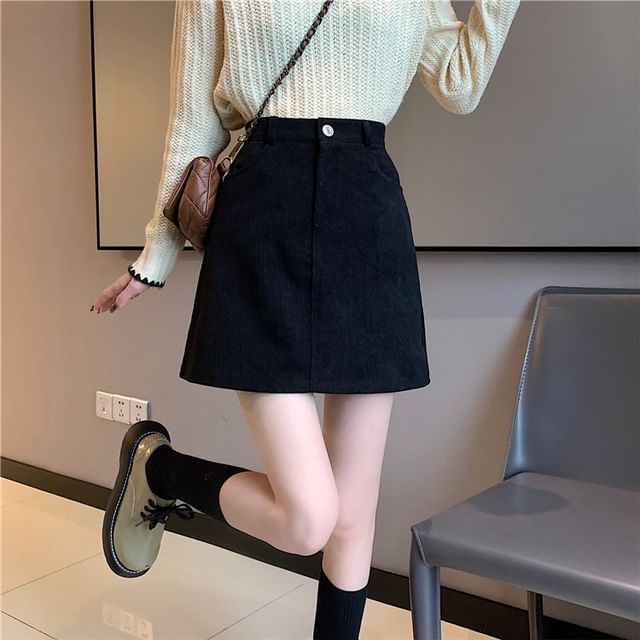 High Rise Solid Corduroy Mini A-Line Skirt