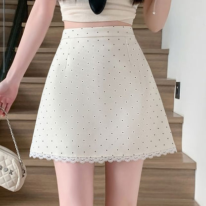 High Rise Dotted Lace Trim Mini A-Line Skirt