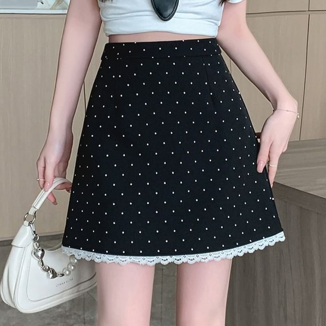 High Rise Dotted Lace Trim Mini A-Line Skirt