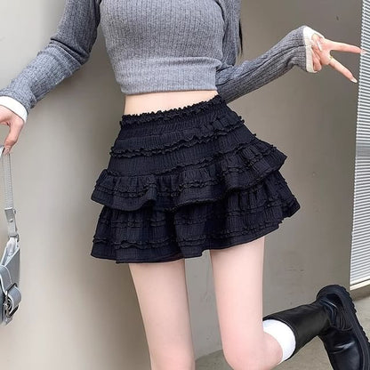 High Rise Solid Ruffle Frill Mini A-Line Skirt