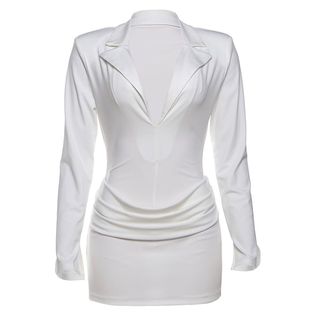 Extended Sleeve Lapel Collar V-Neck Solid Bodysuit + Mid Rise Mini Pencil Skirt Set