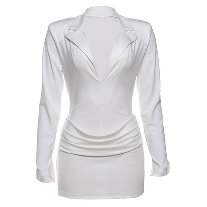 Extended Sleeve Lapel Collar V-Neck Solid Bodysuit + Mid Rise Mini Pencil Skirt Set
