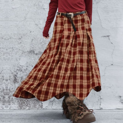 Plaid Asymmetrical Midi A-Line Skirt - High Waist