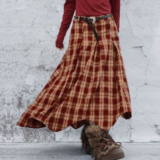 Plaid Asymmetrical Midi A-Line Skirt - High Waist