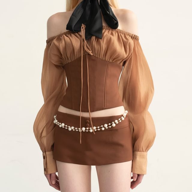 Long-Sleeve Off Shoulder Bustier Top & Mid Waist Mini Pencil Skirt