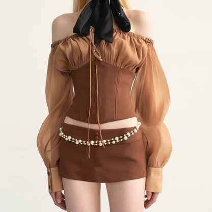 Long-Sleeve Off Shoulder Bustier Top & Mid Waist Mini Pencil Skirt