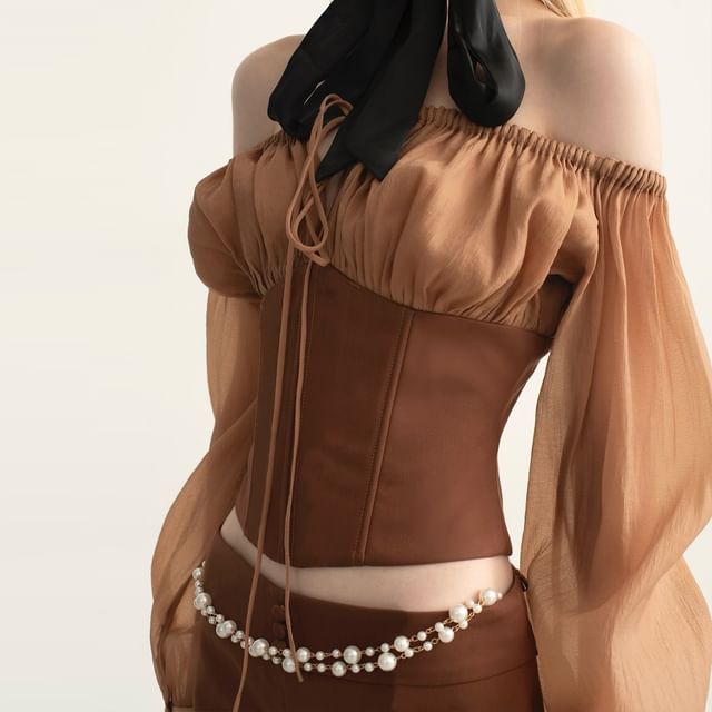 Long-Sleeve Off Shoulder Bustier Top & Mid Waist Mini Pencil Skirt