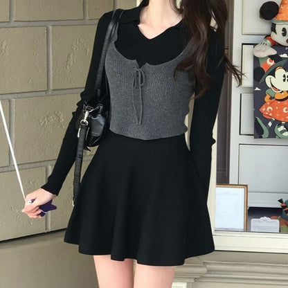 Mock Two-Piece Knit Top & Mini A-Line Skirt Set