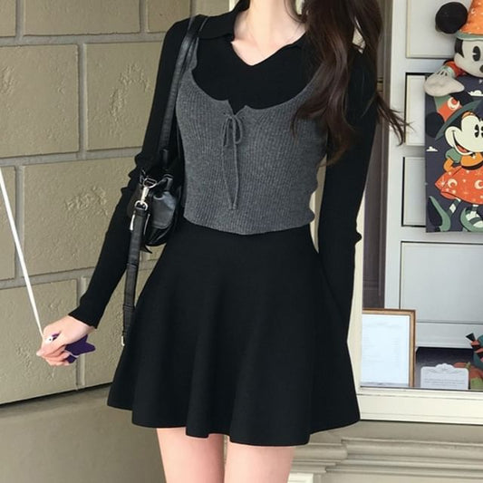 Mock Two-Piece Knit Top & Mini A-Line Skirt Set