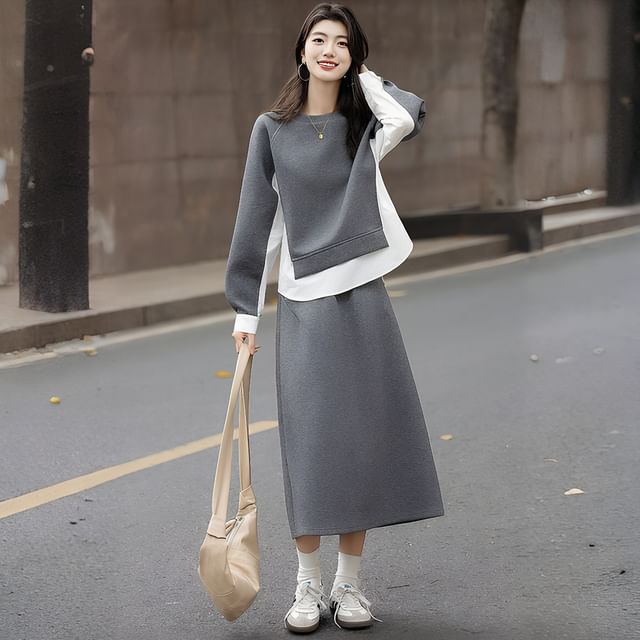 Two Tone Pullover & Slit Midi A-Line Skirt Set