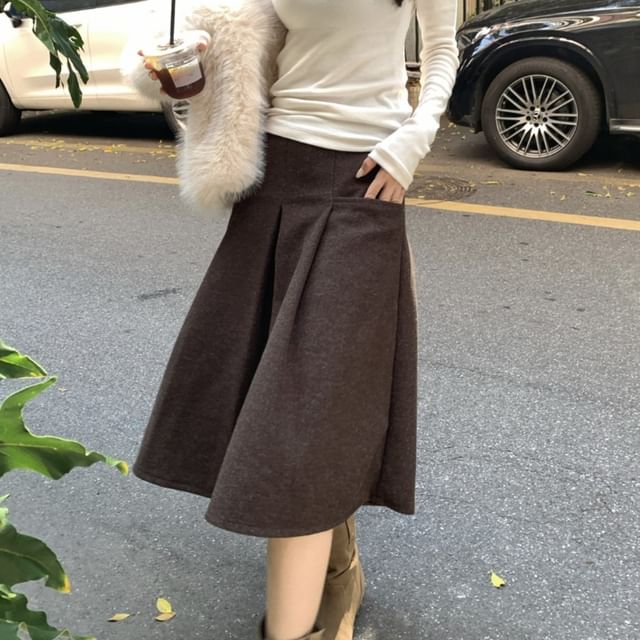 Plain Midi A-Line Skirt - Mid Rise