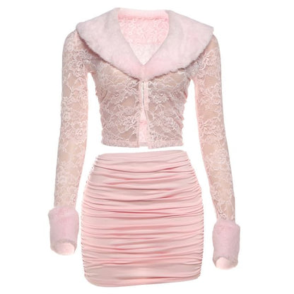 Fluffy Lace Crop Top & Mini Pencil Skirt Set