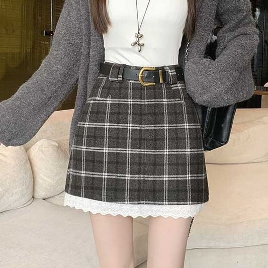 High Rise Plaid Mini Skirt with Belt Set