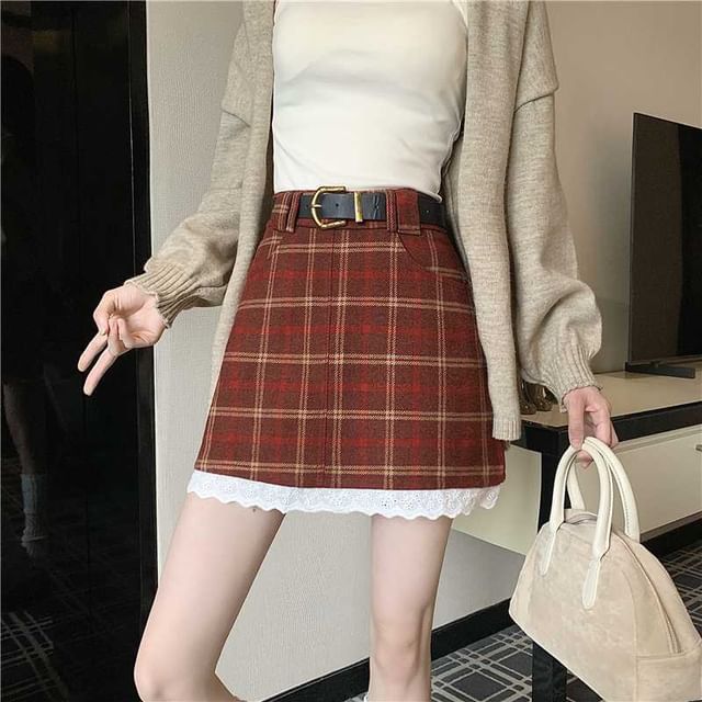 High Rise Plaid Mini Skirt with Belt Set