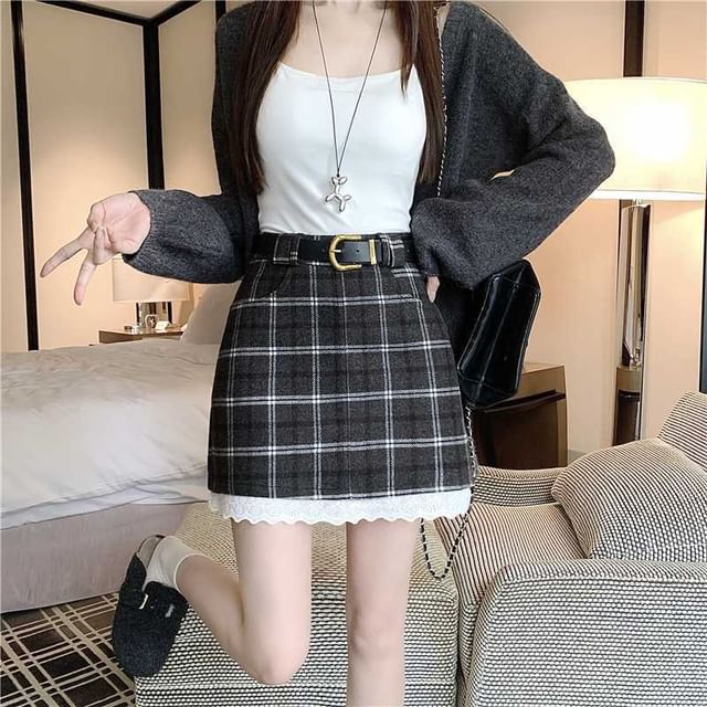 High Rise Plaid Mini Skirt with Belt Set