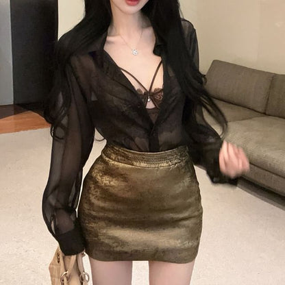 Lace Bra & Mesh Shirt & High Waist Pencil Skirt Set