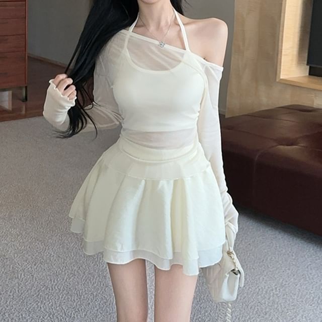 Halter Crop Top & Off-Shoulder Mesh Top & Layered Mini Skirt Set