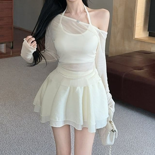 Halter Crop Top & Off-Shoulder Mesh Top & Layered Mini Skirt Set