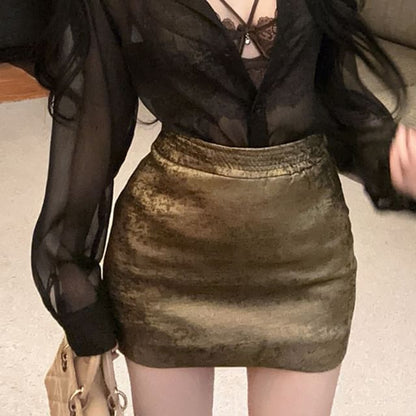 Lace Bra & Mesh Shirt & High Waist Pencil Skirt Set