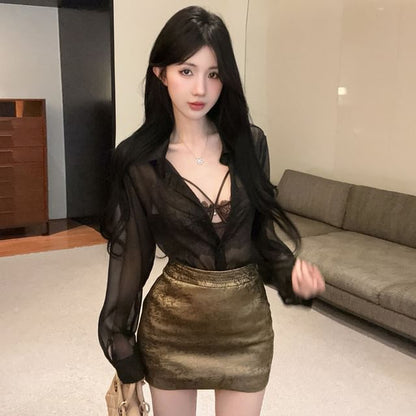 Lace Bra & Mesh Shirt & High Waist Pencil Skirt Set