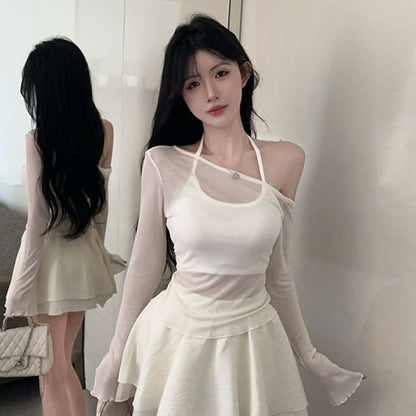 Halter Crop Top & Off-Shoulder Mesh Top & Layered Mini Skirt Set