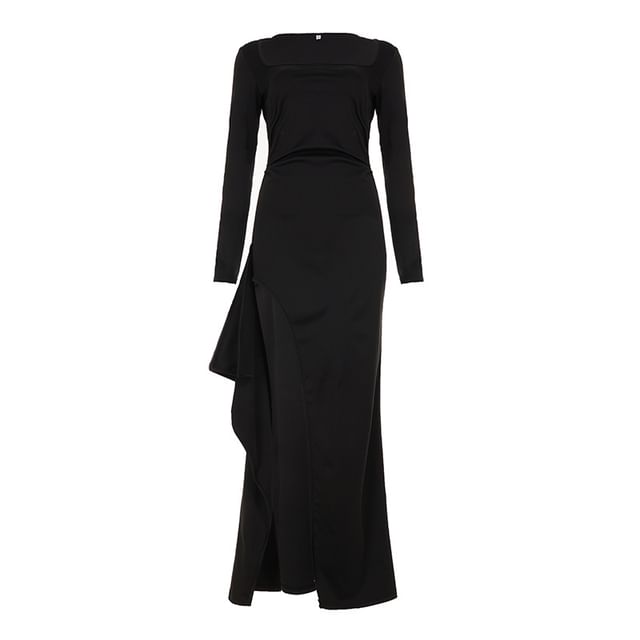 Long-Sleeve Square Neck Plain Side-Slit Maxi Sheath Dress