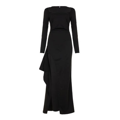 Long-Sleeve Square Neck Plain Side-Slit Maxi Sheath Dress