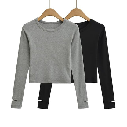 Crew Neck Cropped Long Sleeve Tee