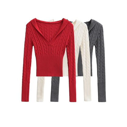 Hooded V-Neck Knit Top with Long Sleeves