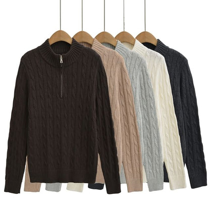 Half-Zip Cable Knit Sweater with Mock Neck