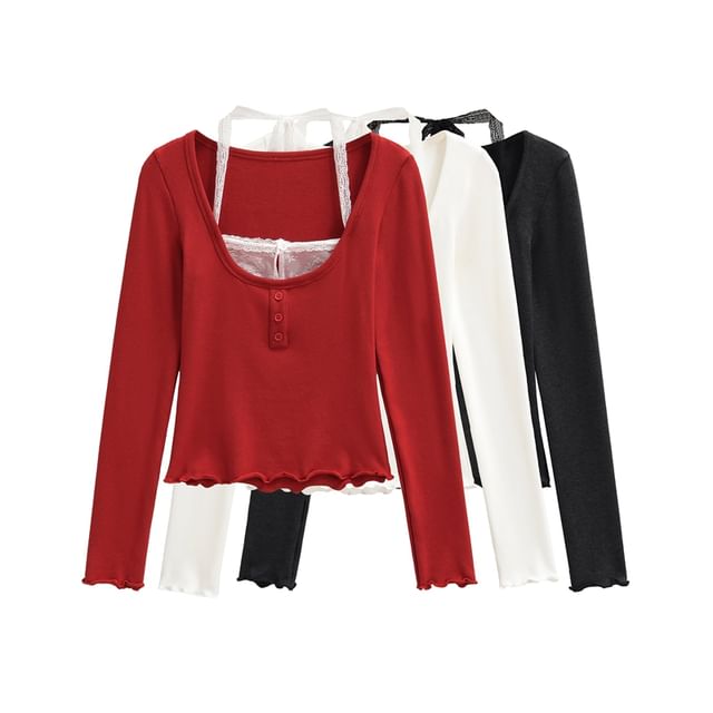 Halter Neck Cropped Knit Top with Sleeves