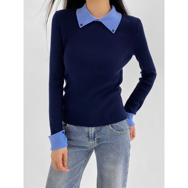 Collared Mock Neck Long Sleeve Knit Top