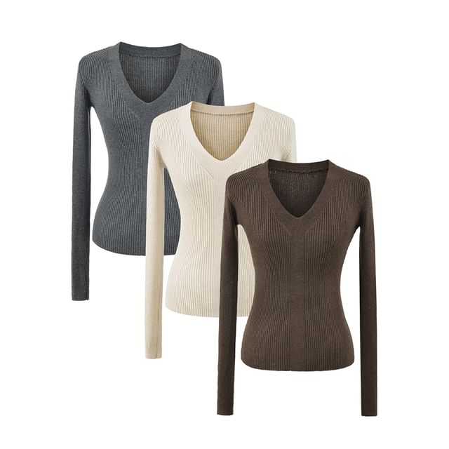 V-Neck Long Sleeve Solid Knitwear