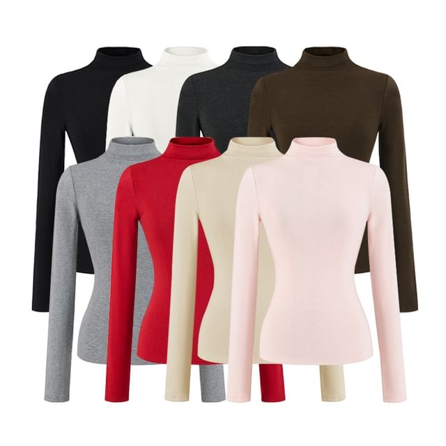 Mock Neck Long Sleeve Solid T-Shirt
