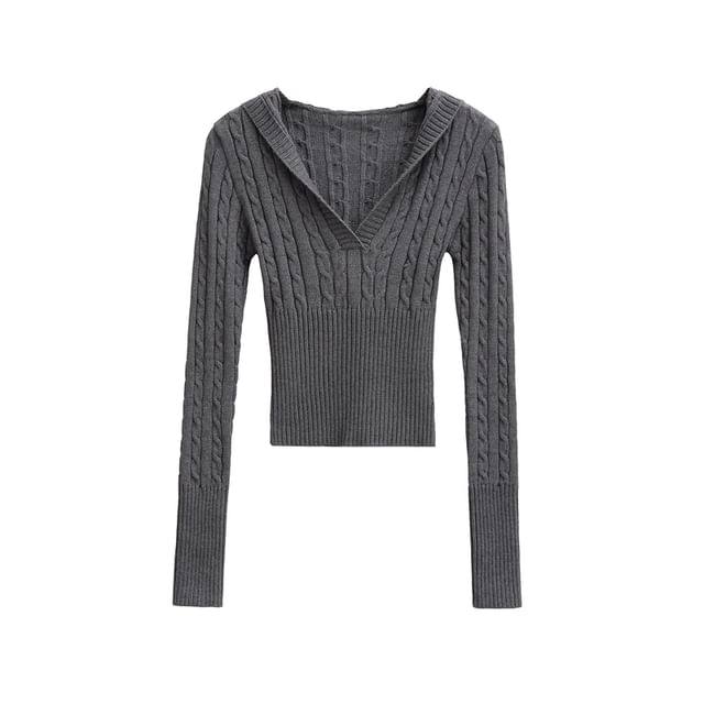 Hooded V-Neck Knit Top with Long Sleeves