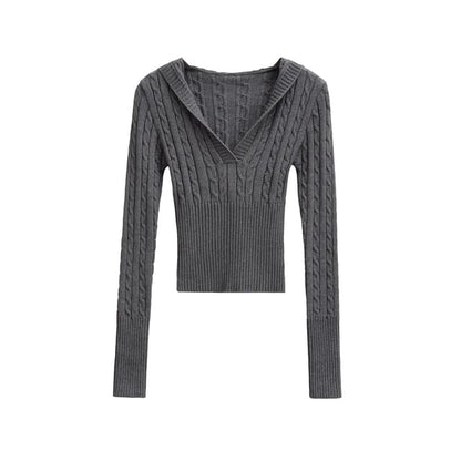 Hooded V-Neck Knit Top with Long Sleeves