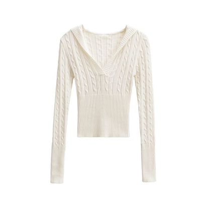 Hooded V-Neck Knit Top with Long Sleeves