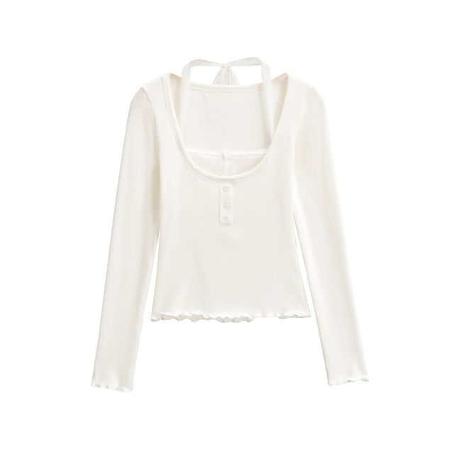 Halter Neck Cropped Knit Top with Sleeves