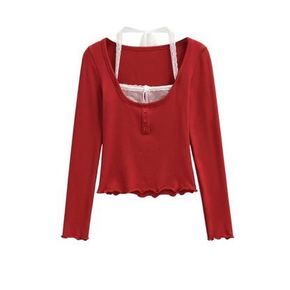 Halter Neck Cropped Knit Top with Sleeves
