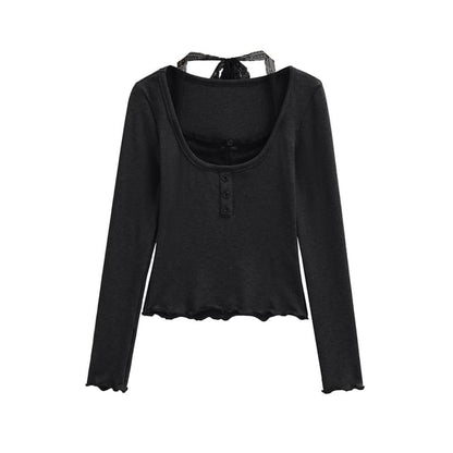 Halter Neck Cropped Knit Top with Sleeves