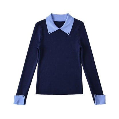 Collared Mock Neck Long Sleeve Knit Top