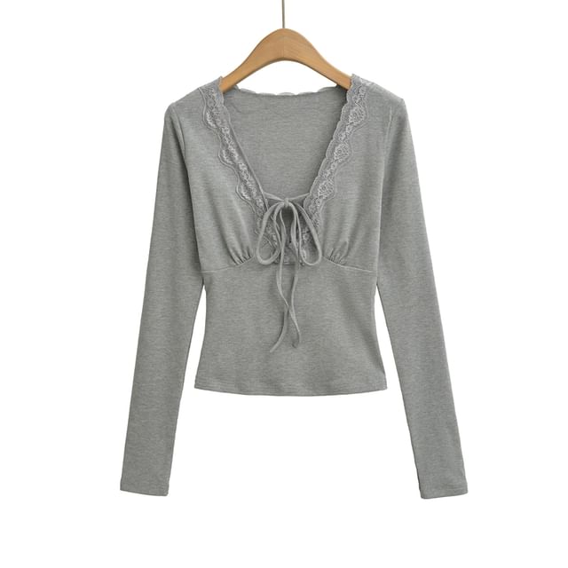 Lace Accent V-Neck Long Sleeve Tee