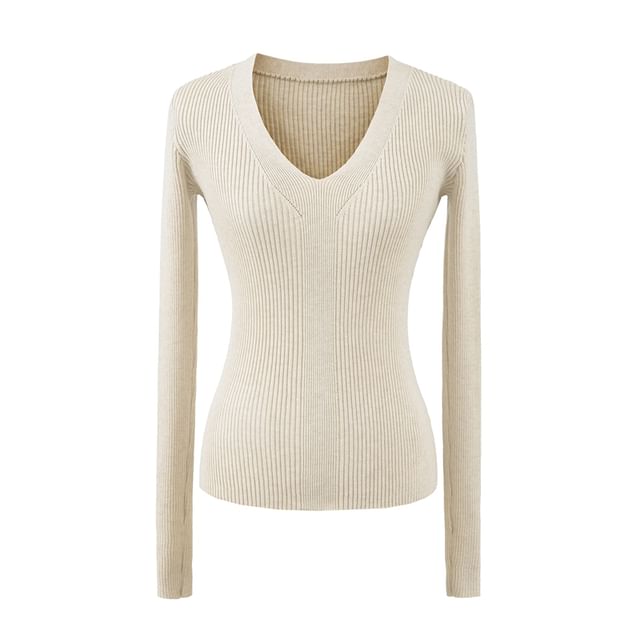 V-Neck Long Sleeve Solid Knitwear