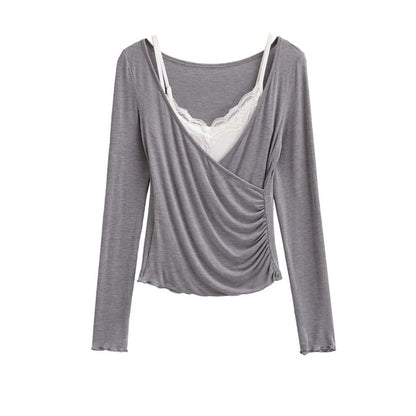 V-Neck Top with Lace Cami Set