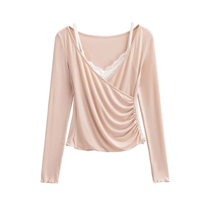 V-Neck Top with Lace Cami Set